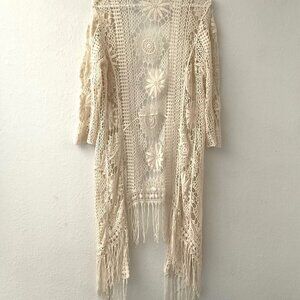CATO CROCHET FLORAL  LACE FRINGE BOHO OPEN FRONT CARDIGAN
